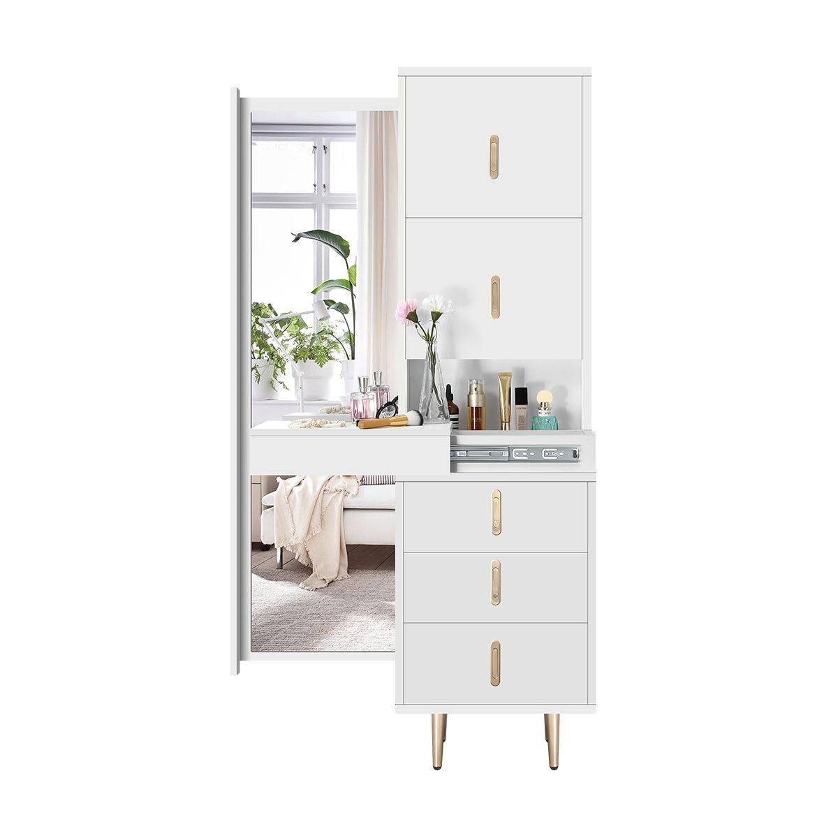 Freestanding Wooden Dressing Cabinet Table with Full Length Mirror Storage Drawers