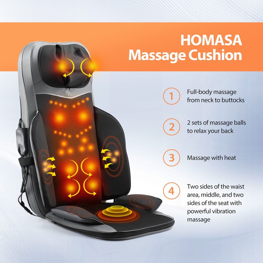 Full Body Massage Cushion Chair Shiatsu Back Neck Massaging Pad Seat Heat Vibration Rolling Kneading with Foot Massager Remote Pillow Homasa