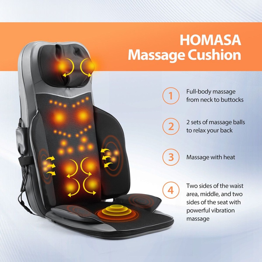 Full Body Massage Cushion Shiatsu Back Neck Massaging Chair Seat Pad Kneading Rolling Vibration Heat with Foot Massager Remote Pillow Homasa