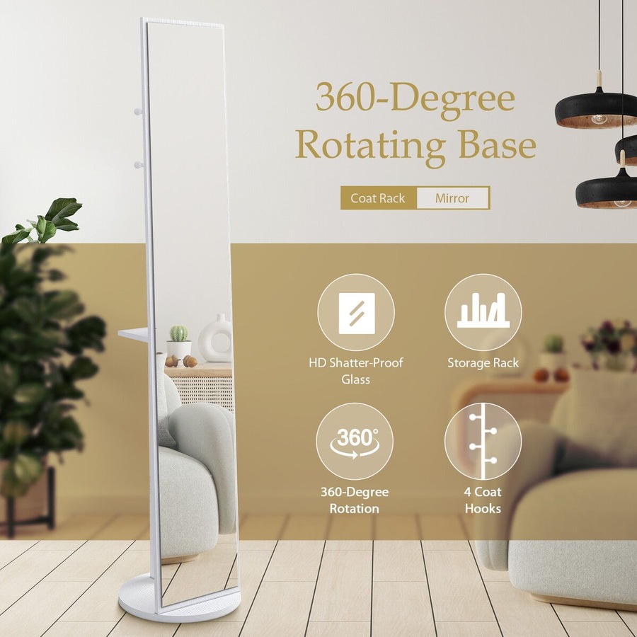 Full Length Mirror Tall Floor Free Standing Body Long Dressing Makeup Hallway Bedroom Coat Rack Vintage Rotatable Storage White 30x20x164cm