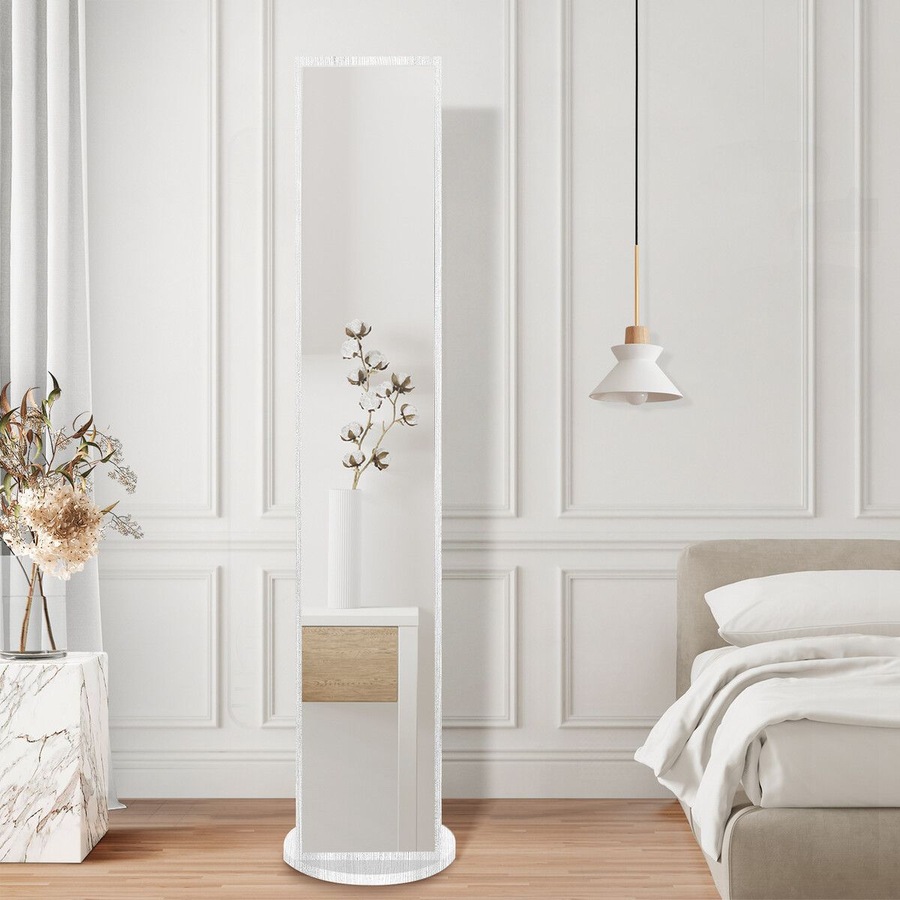 Full Length Mirror Tall Floor Free Standing Body Long Dressing Makeup Hallway Bedroom Coat Rack Vintage Rotatable Storage White 30x20x164cm