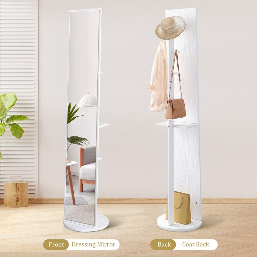 Full Length Mirror Tall Floor Free Standing Body Long Dressing Makeup Hallway Bedroom Coat Rack Vintage Rotatable Storage White 30x20x164cm