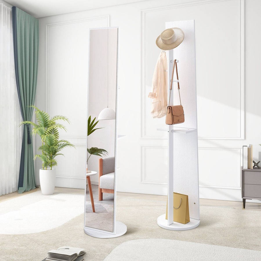Full Length Mirror Tall Floor Free Standing Body Long Dressing Makeup Hallway Bedroom Coat Rack Vintage Rotatable Storage White 30x20x164cm