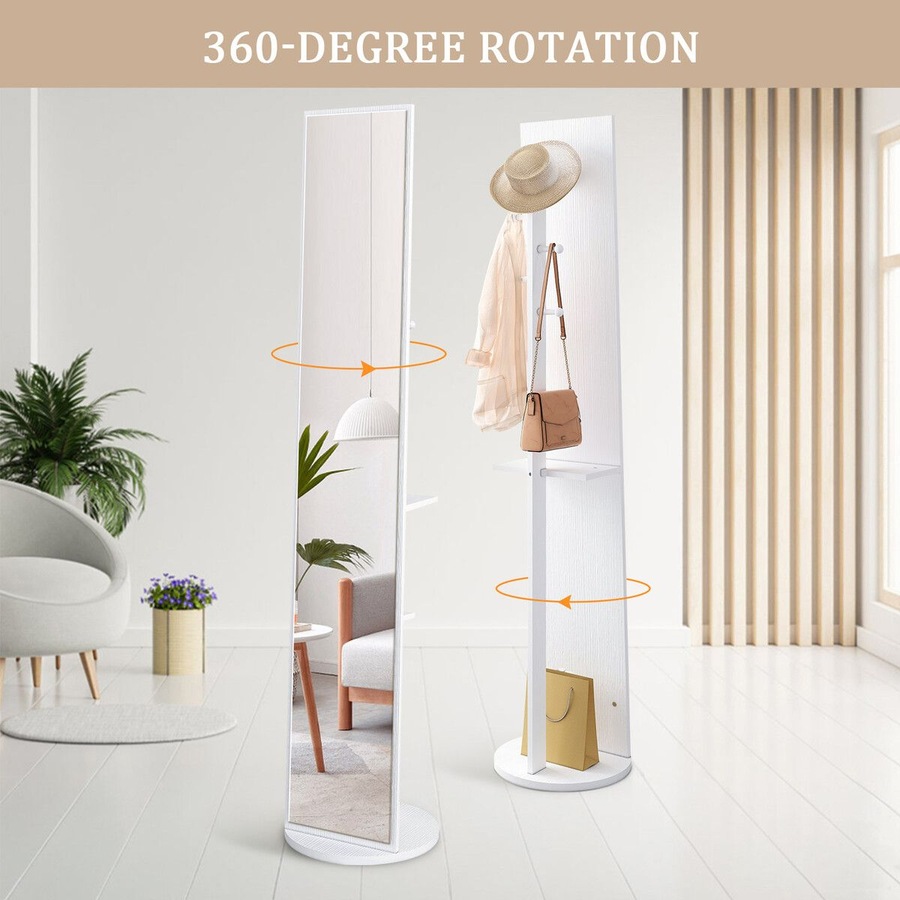 Full Length Mirror Tall Floor Free Standing Body Long Dressing Makeup Hallway Bedroom Coat Rack Vintage Rotatable Storage White 30x20x164cm