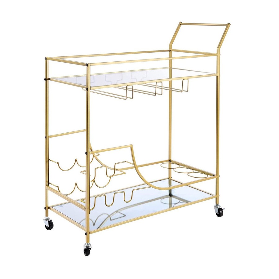 Gold Bar Cart Drinks Trolley Wine Coffee Tea Kitchen Serving Mobile Rack Hooks Holders Curtain Wall Mirror Storage Shelves Metal Frame Rolling Wheels