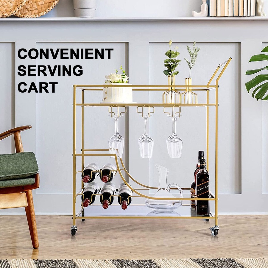 Gold Bar Cart Drinks Trolley Wine Coffee Tea Kitchen Serving Mobile Rack Hooks Holders Curtain Wall Mirror Storage Shelves Metal Frame Rolling Wheels