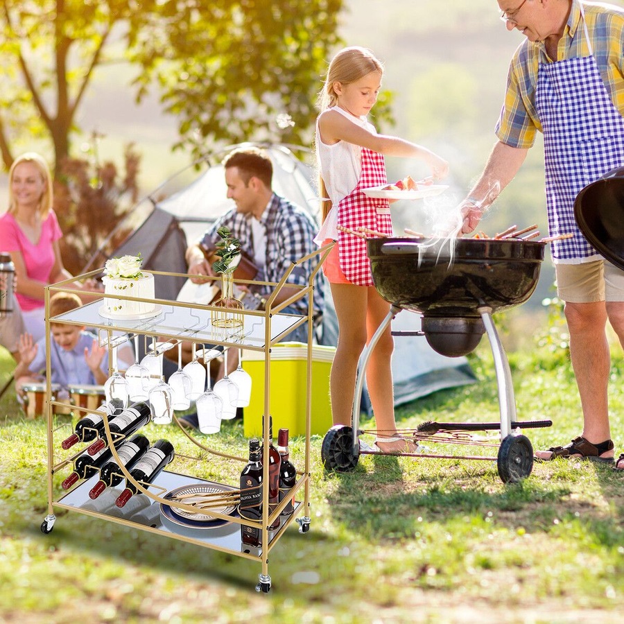 Gold Bar Cart Drinks Trolley Wine Coffee Tea Kitchen Serving Mobile Rack Hooks Holders Curtain Wall Mirror Storage Shelves Metal Frame Rolling Wheels