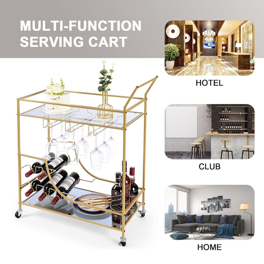 Gold Bar Cart Drinks Trolley Wine Coffee Tea Kitchen Serving Mobile Rack Hooks Holders Curtain Wall Mirror Storage Shelves Metal Frame Rolling Wheels