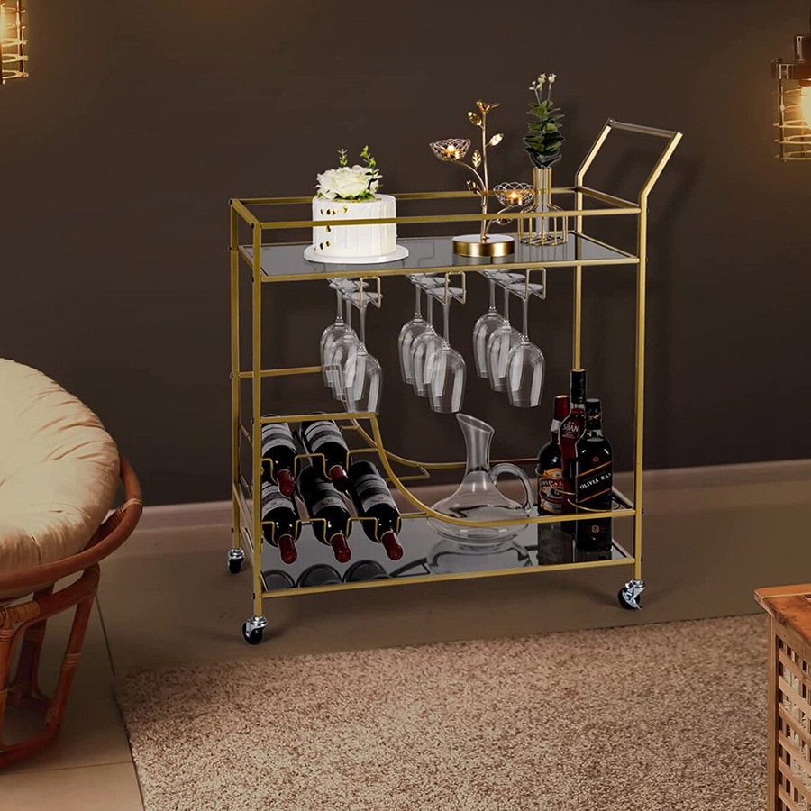 Gold Bar Cart Drinks Trolley Wine Coffee Tea Kitchen Serving Mobile Rack Hooks Holders Curtain Wall Mirror Storage Shelves Metal Frame Rolling Wheels