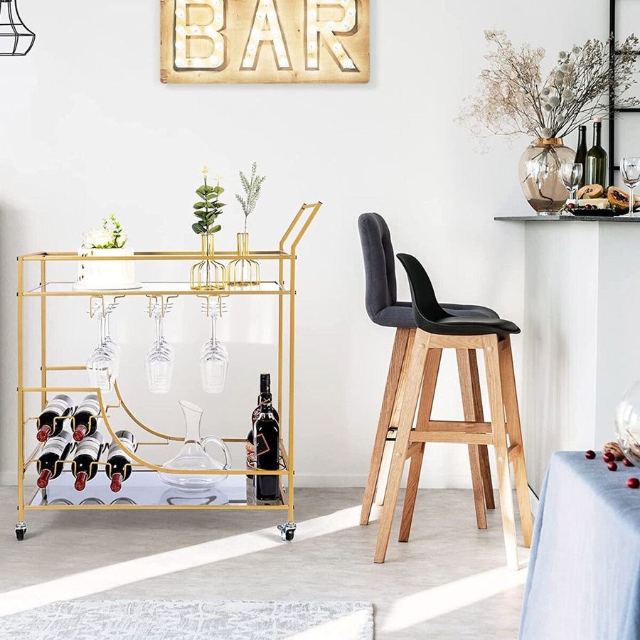 Gold Bar Cart Drinks Trolley Wine Coffee Tea Kitchen Serving Mobile Rack Hooks Holders Curtain Wall Mirror Storage Shelves Metal Frame Rolling Wheels