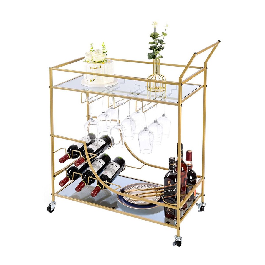 Gold Bar Cart Drinks Trolley Wine Coffee Tea Kitchen Serving Mobile Rack Hooks Holders Curtain Wall Mirror Storage Shelves Metal Frame Rolling Wheels