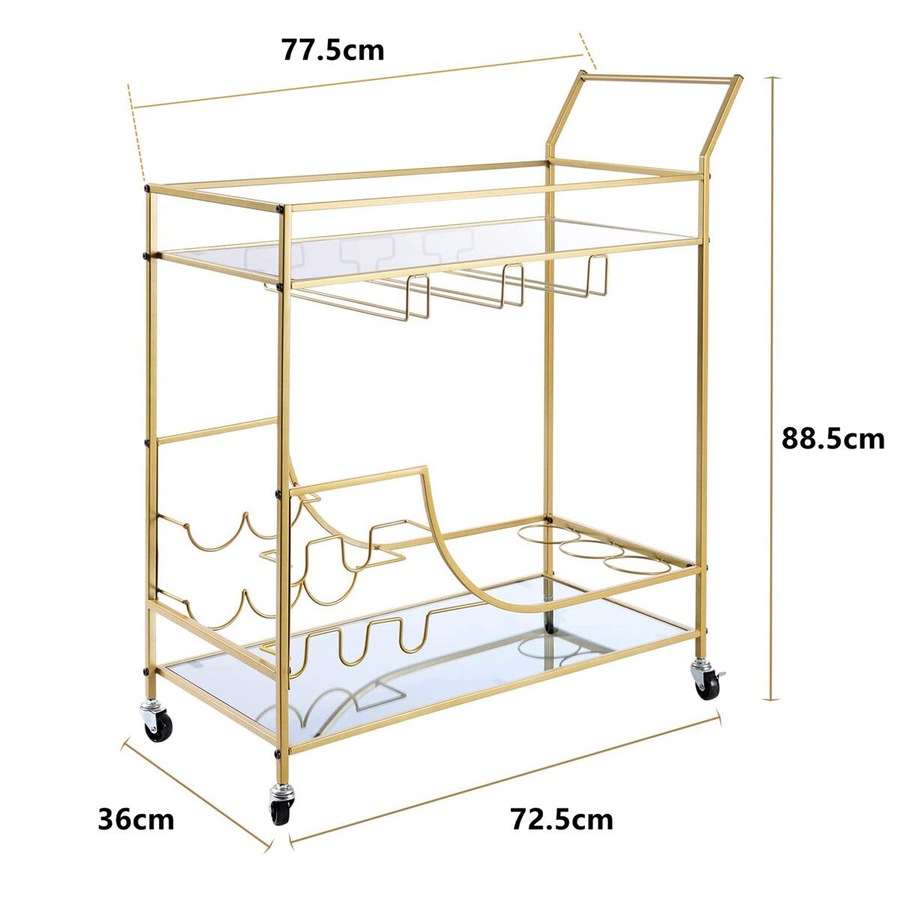 Gold Bar Cart Drinks Trolley Wine Coffee Tea Kitchen Serving Mobile Rack Hooks Holders Curtain Wall Mirror Storage Shelves Metal Frame Rolling Wheels