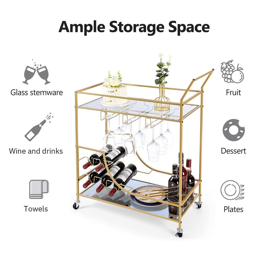 Gold Bar Cart Drinks Trolley Wine Coffee Tea Kitchen Serving Mobile Rack Hooks Holders Curtain Wall Mirror Storage Shelves Metal Frame Rolling Wheels