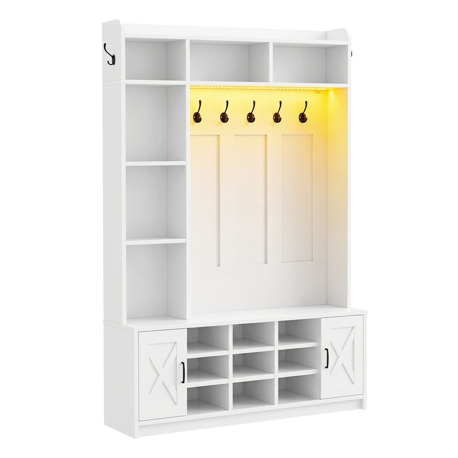 Hall Tree with Shoe Bench & LED Lights 191cm Tall Entryway Coat Rack Storage Shelves Cabinets White