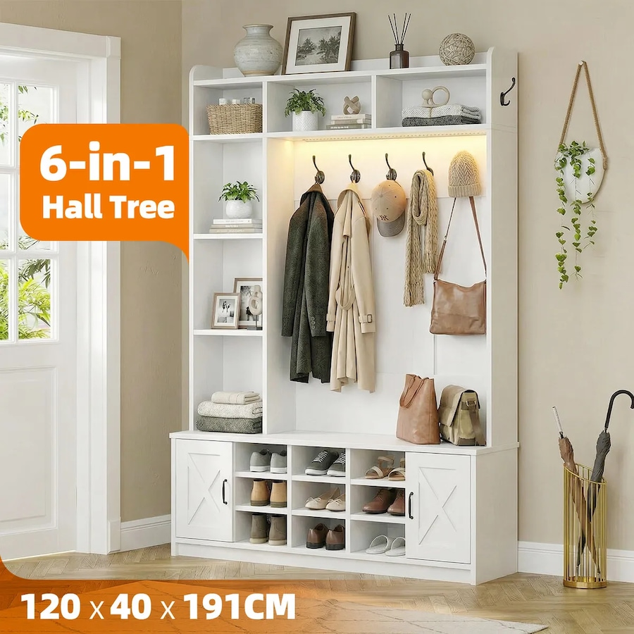 Hall Tree with Shoe Bench & LED Lights 191cm Tall Entryway Coat Rack Storage Shelves Cabinets White