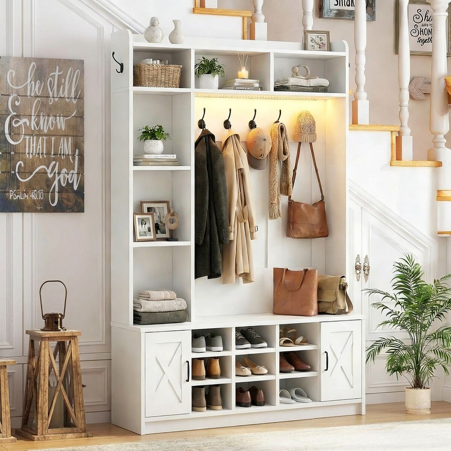 Hall Tree with Shoe Bench & LED Lights 191cm Tall Entryway Coat Rack Storage Shelves Cabinets White