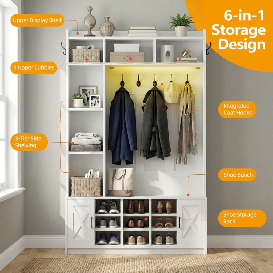 Hall Tree with Shoe Bench & LED Lights 191cm Tall Entryway Coat Rack Storage Shelves Cabinets White