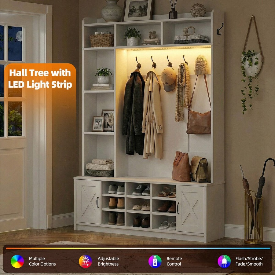 Hall Tree with Shoe Bench & LED Lights 191cm Tall Entryway Coat Rack Storage Shelves Cabinets White