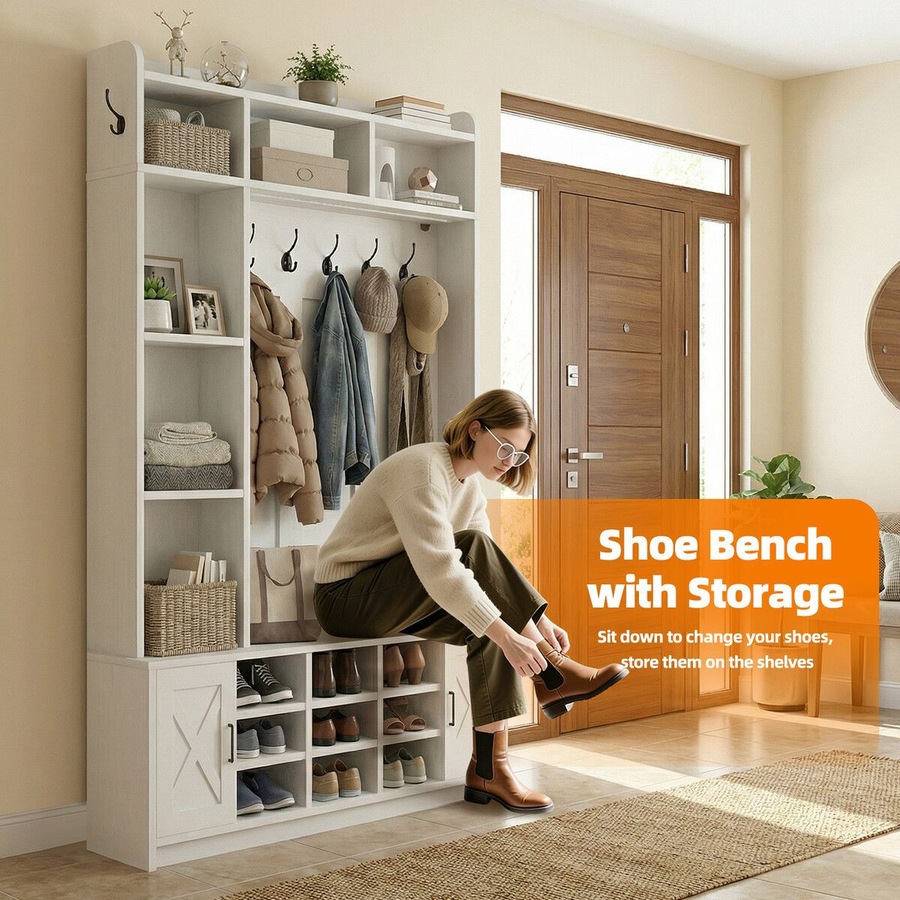 Hall Tree with Shoe Bench & LED Lights 191cm Tall Entryway Coat Rack Storage Shelves Cabinets White