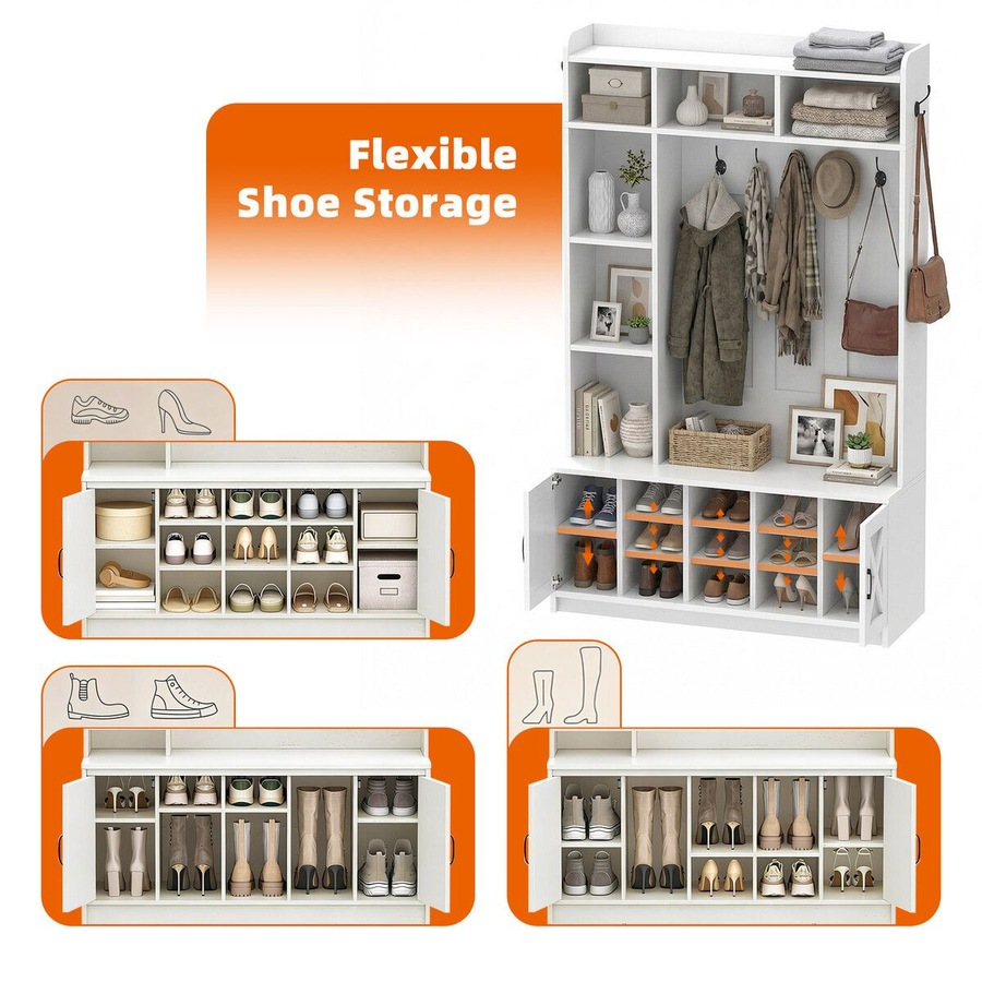 Hall Tree with Shoe Bench & LED Lights 191cm Tall Entryway Coat Rack Storage Shelves Cabinets White