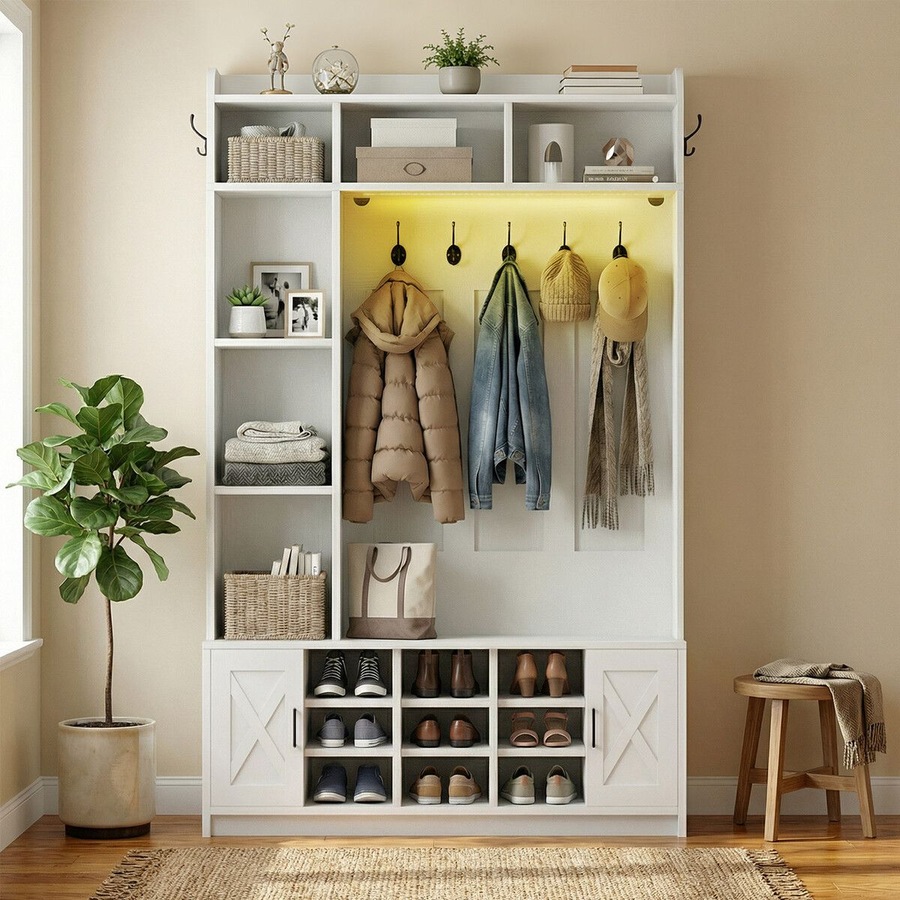 Hall Tree with Shoe Bench & LED Lights 191cm Tall Entryway Coat Rack Storage Shelves Cabinets White