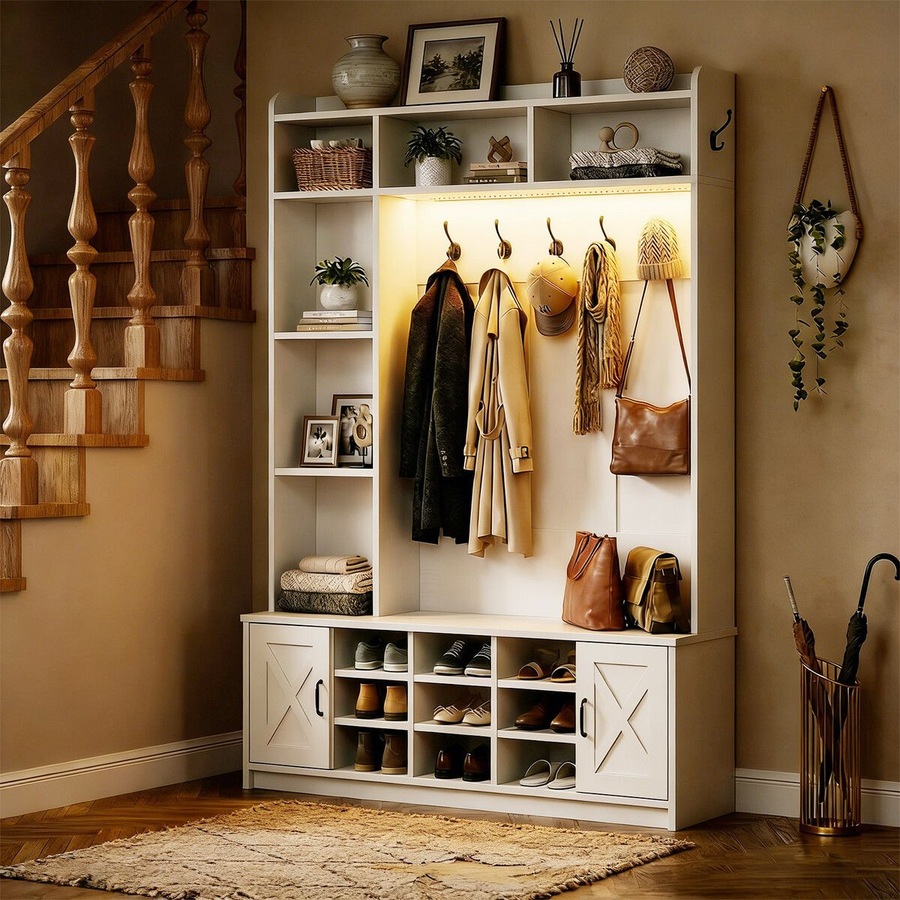 Hall Tree with Shoe Bench & LED Lights 191cm Tall Entryway Coat Rack Storage Shelves Cabinets White