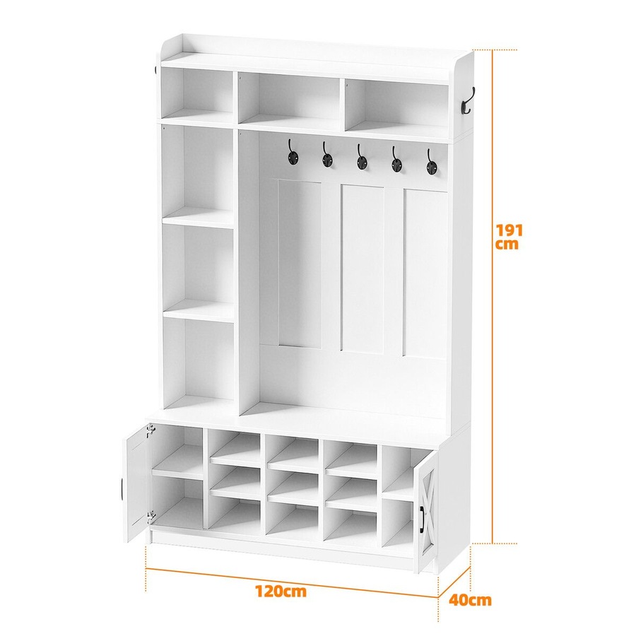 Hall Tree with Shoe Bench & LED Lights 191cm Tall Entryway Coat Rack Storage Shelves Cabinets White