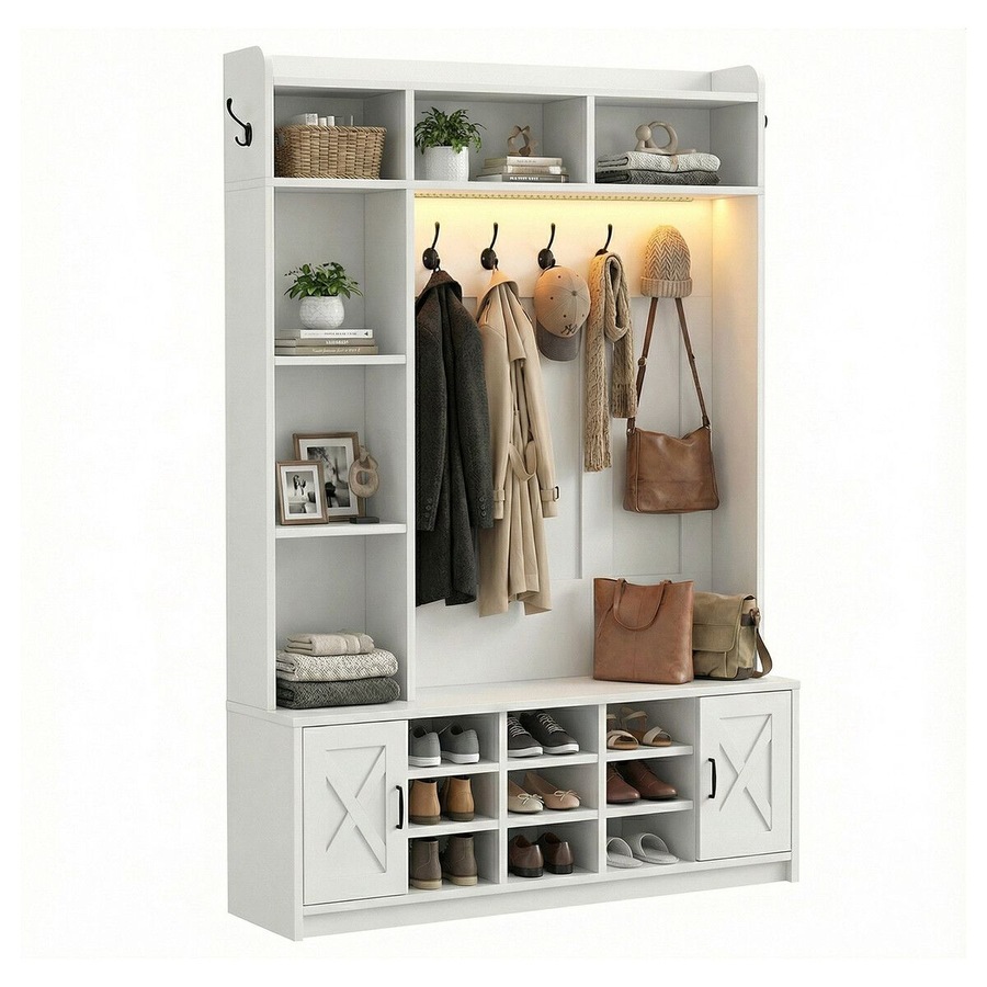 Hall Tree with Shoe Bench & LED Lights 191cm Tall Entryway Coat Rack Storage Shelves Cabinets White
