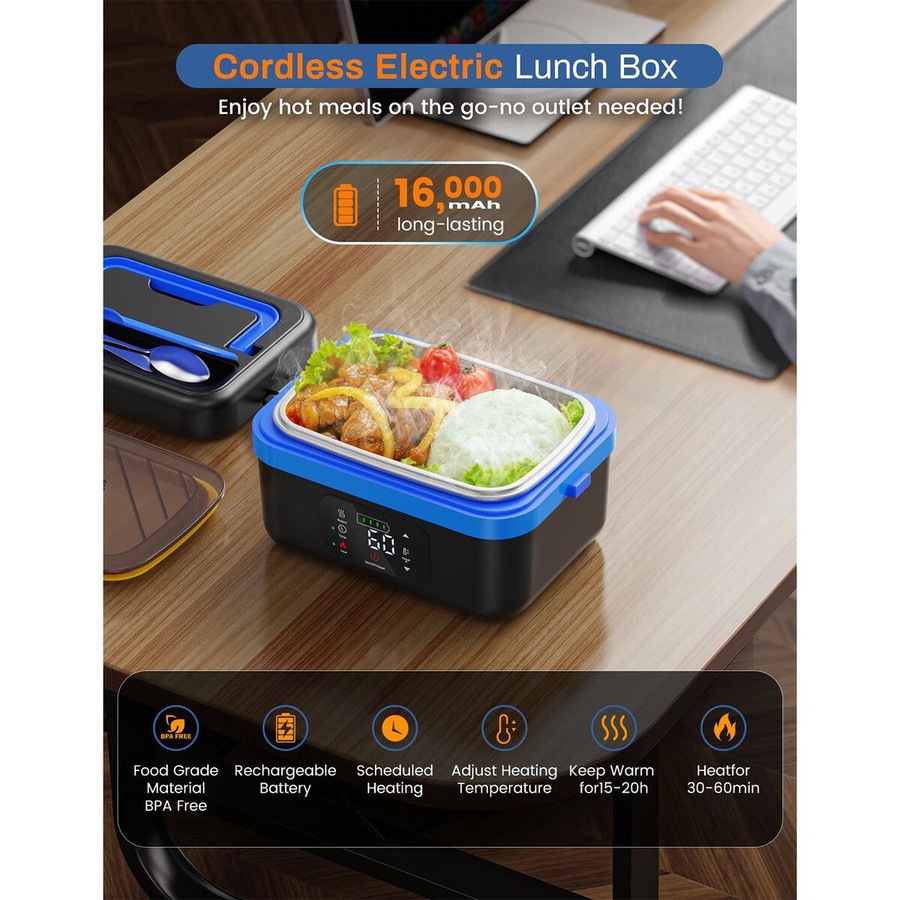 Heated Lunch Box Cordless Rechargeable Food Warmer 16000mAh Battery 1L Smart Reservation Keep Warm Portable Meal Prep Container