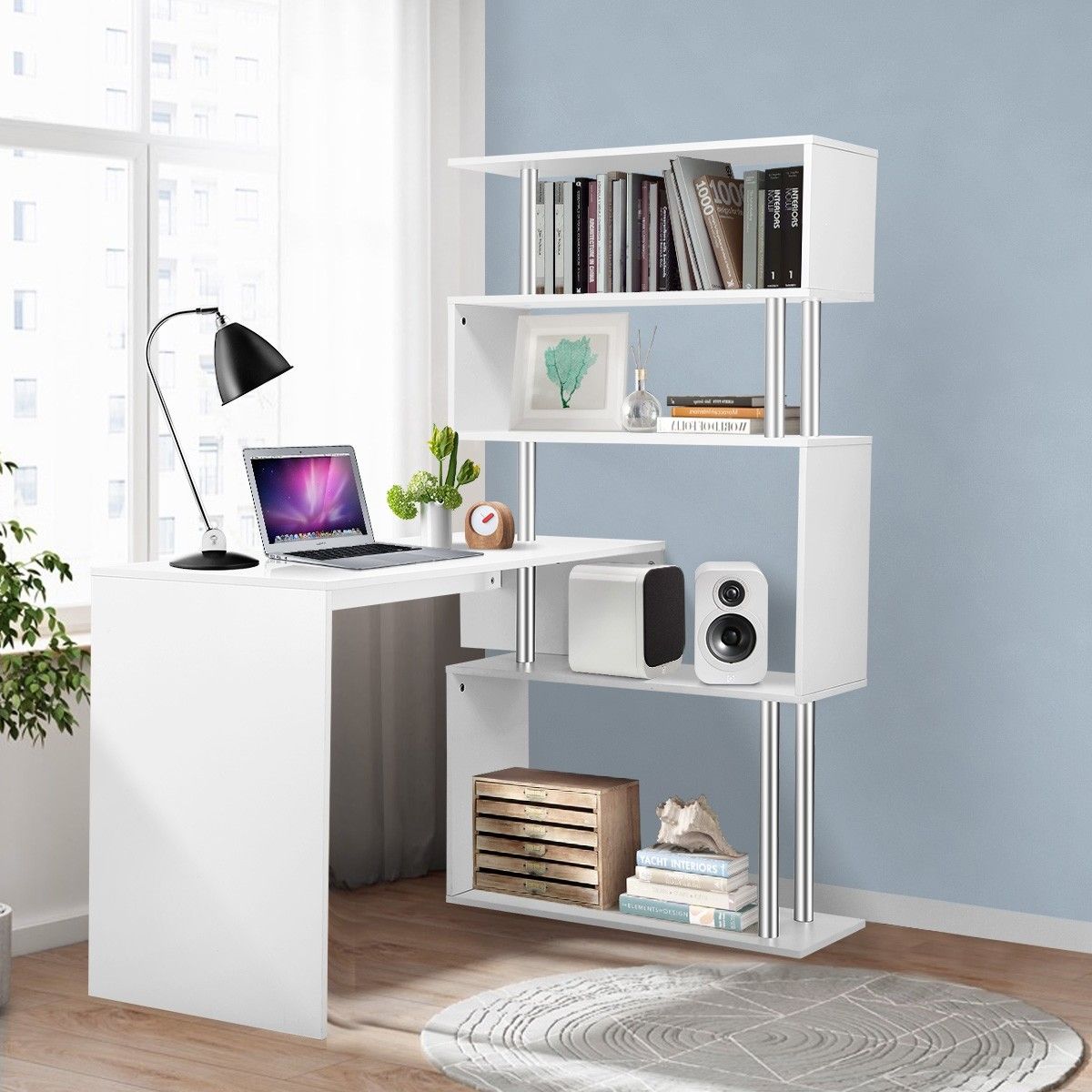Home Office Computer Desk Corner Table Tier Bookshelf Storage L-Shaped Rotating Table White