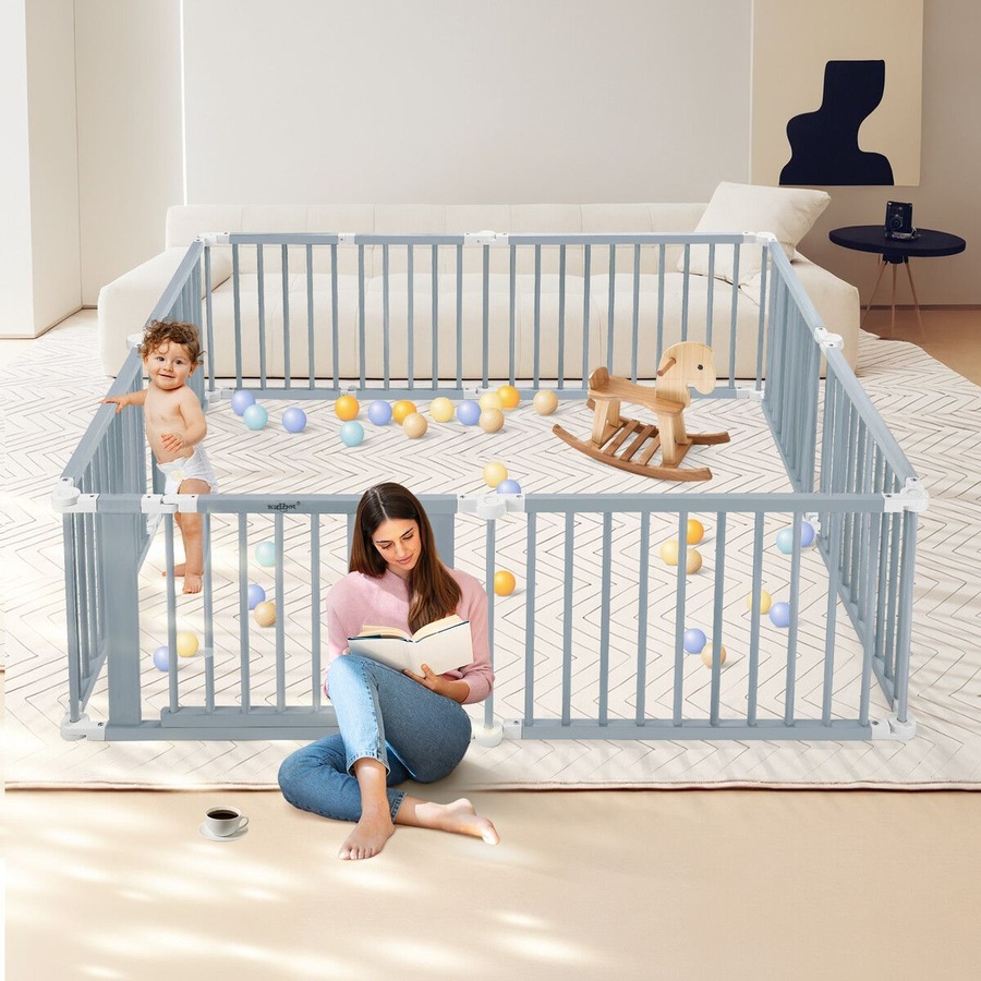 Kidbot Baby Playpen 8 Panel Kids Wooden Safety Gates Pet Dog Fence Enclosure Child Toddler Activity Centre Foldable Play Pen Yard Barrier Travel Guard