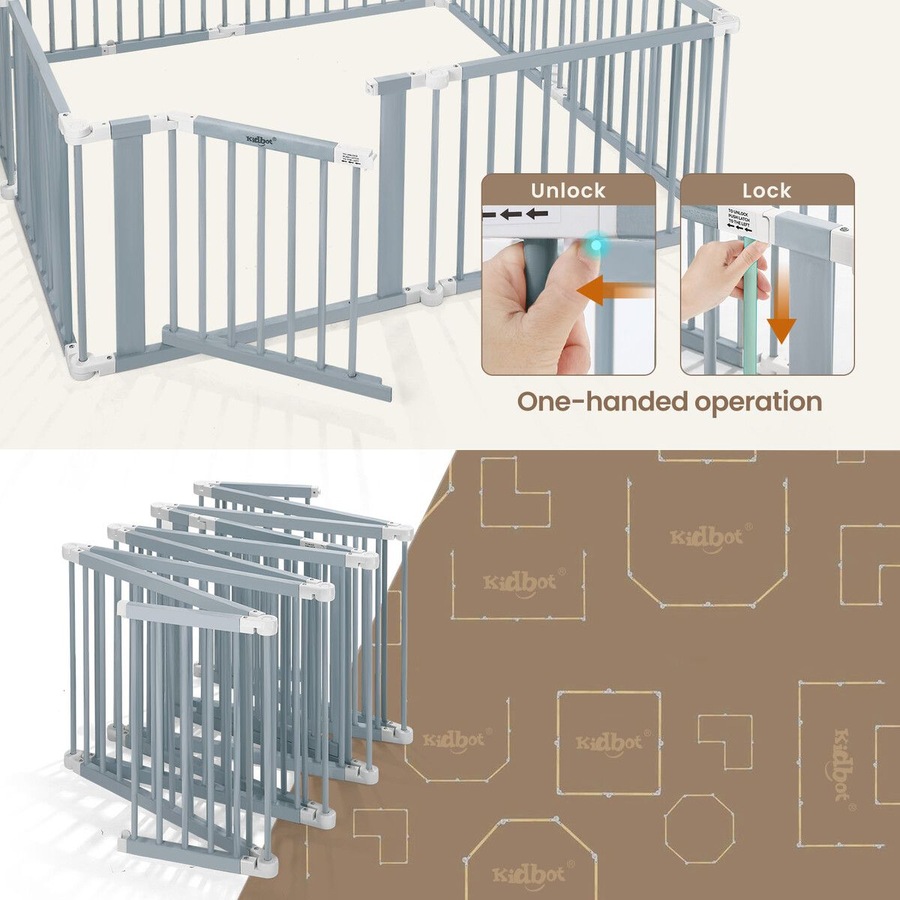 Kidbot Baby Playpen 8 Panel Kids Wooden Safety Gates Pet Dog Fence Enclosure Child Toddler Activity Centre Foldable Play Pen Yard Barrier Travel Guard