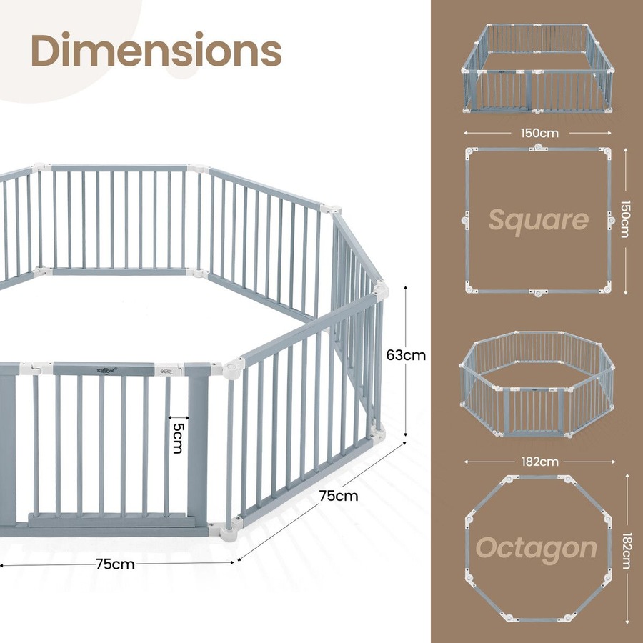 Kidbot Baby Playpen 8 Panel Kids Wooden Safety Gates Pet Dog Fence Enclosure Child Toddler Activity Centre Foldable Play Pen Yard Barrier Travel Guard