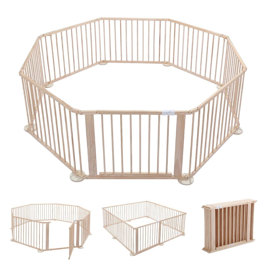 Kidbot Wooden Playpen Kids Activity Centre Foldable Fence Outdoor Playard 8 Panel