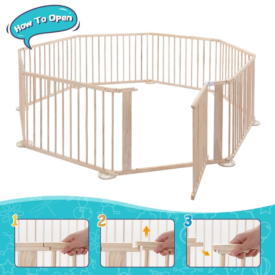 Kidbot Wooden Playpen Kids Activity Centre Foldable Fence Outdoor Playard 8 Panel