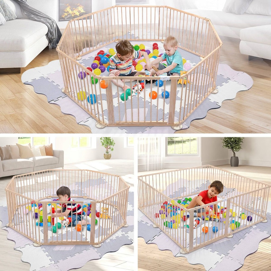 Kidbot Wooden Playpen Kids Activity Centre Foldable Fence Outdoor Playard 8 Panel