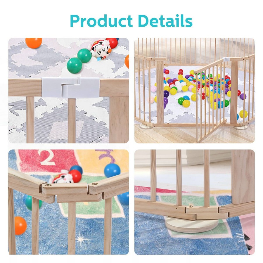 Kidbot Wooden Playpen Kids Activity Centre Foldable Fence Outdoor Playard 8 Panel