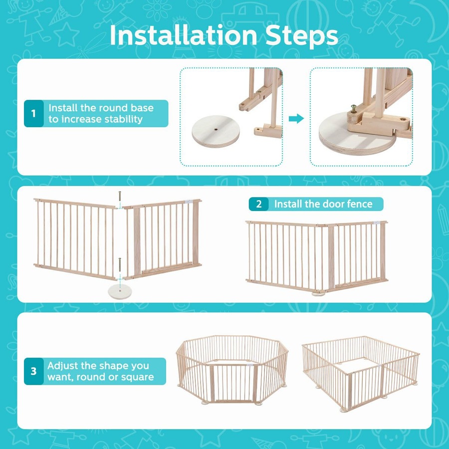 Kidbot Wooden Playpen Kids Activity Centre Foldable Fence Outdoor Playard 8 Panel