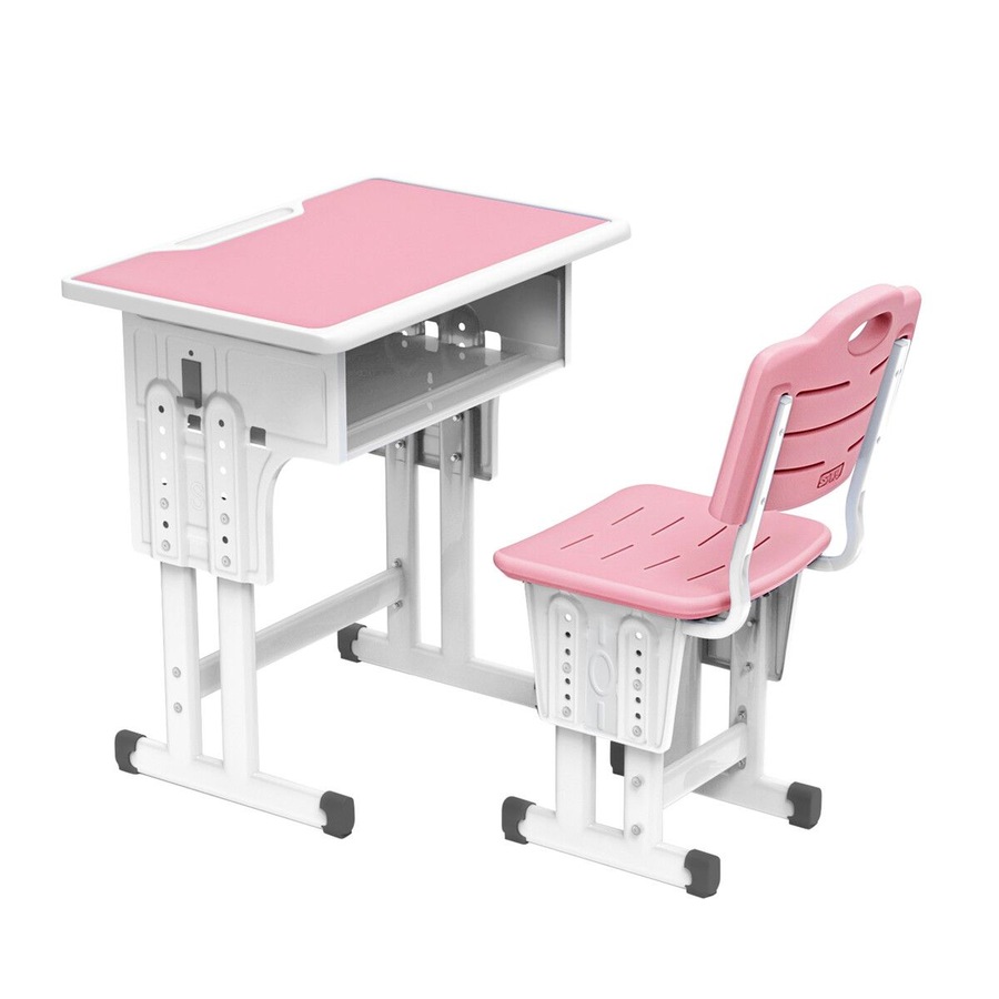 Kids Desk and Chair Set Ergonomic Height Adjustable School Students Study Table Seat Childrens Writing Stationery Bag Open Storage Drawer Side Hook