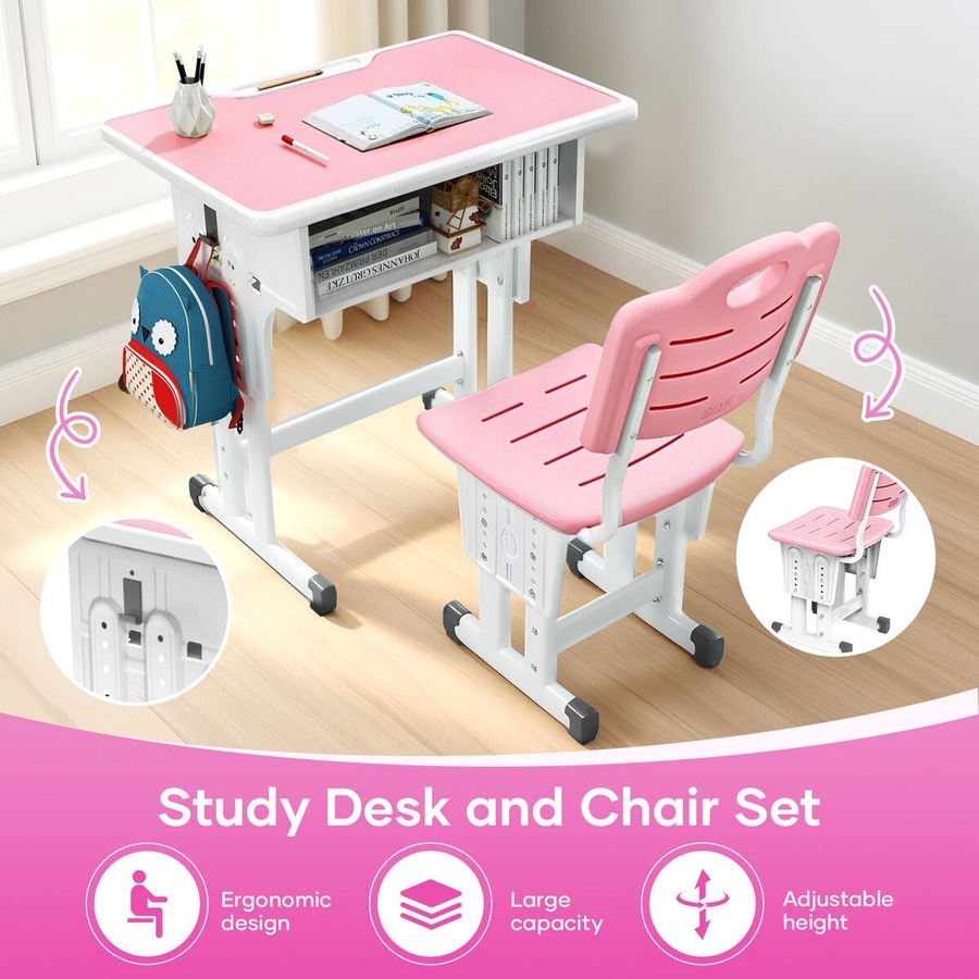 Kids Desk and Chair Set Ergonomic Height Adjustable School Students Study Table Seat Childrens Writing Stationery Bag Open Storage Drawer Side Hook