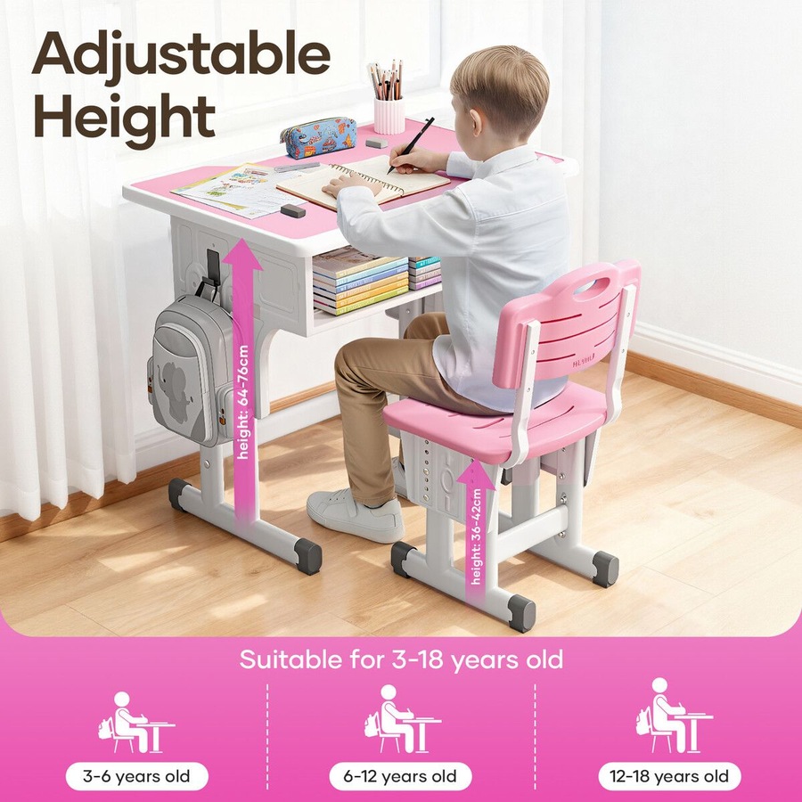 Kids Desk and Chair Set Ergonomic Height Adjustable School Students Study Table Seat Childrens Writing Stationery Bag Open Storage Drawer Side Hook