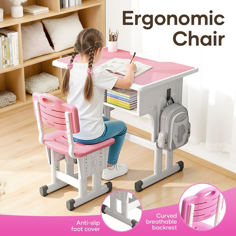 Kids Desk and Chair Set Ergonomic Height Adjustable School Students Study Table Seat Childrens Writing Stationery Bag Open Storage Drawer Side Hook
