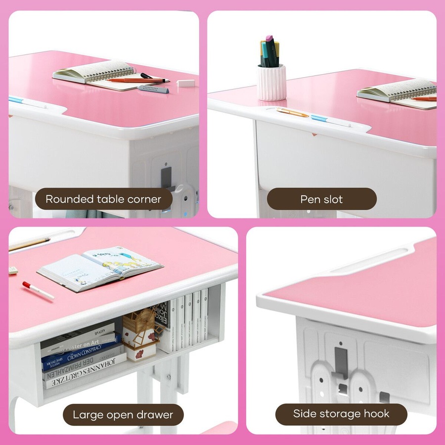 Kids Desk and Chair Set Ergonomic Height Adjustable School Students Study Table Seat Childrens Writing Stationery Bag Open Storage Drawer Side Hook