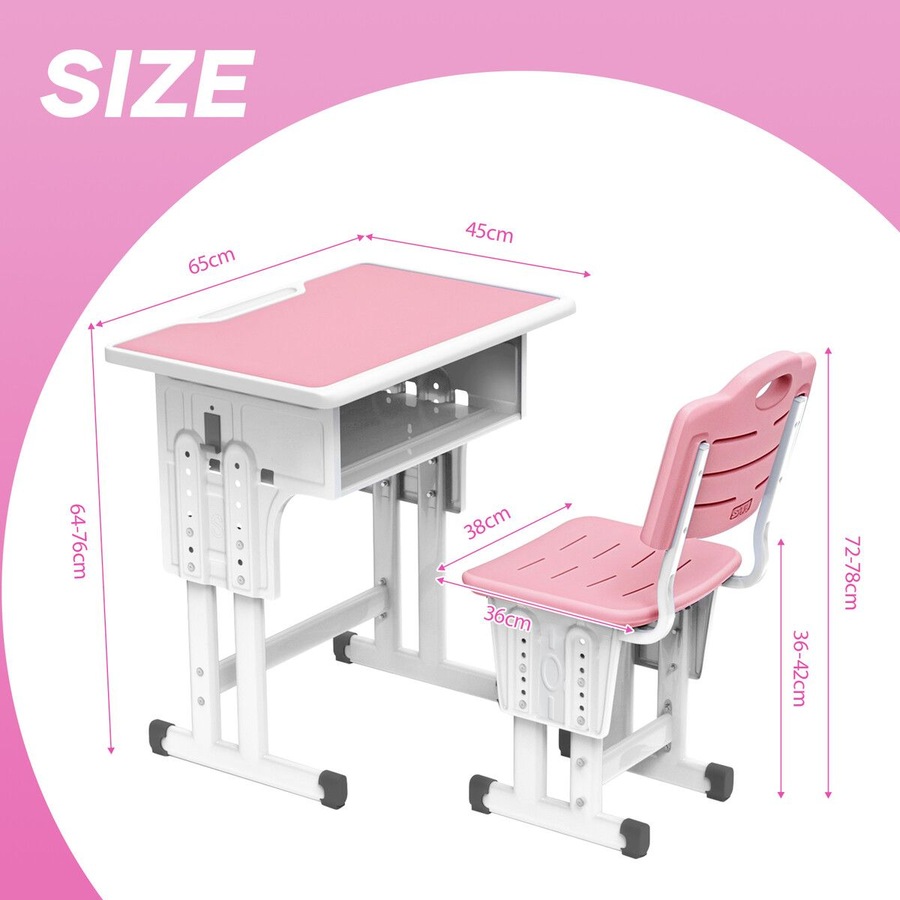 Kids Desk and Chair Set Ergonomic Height Adjustable School Students Study Table Seat Childrens Writing Stationery Bag Open Storage Drawer Side Hook