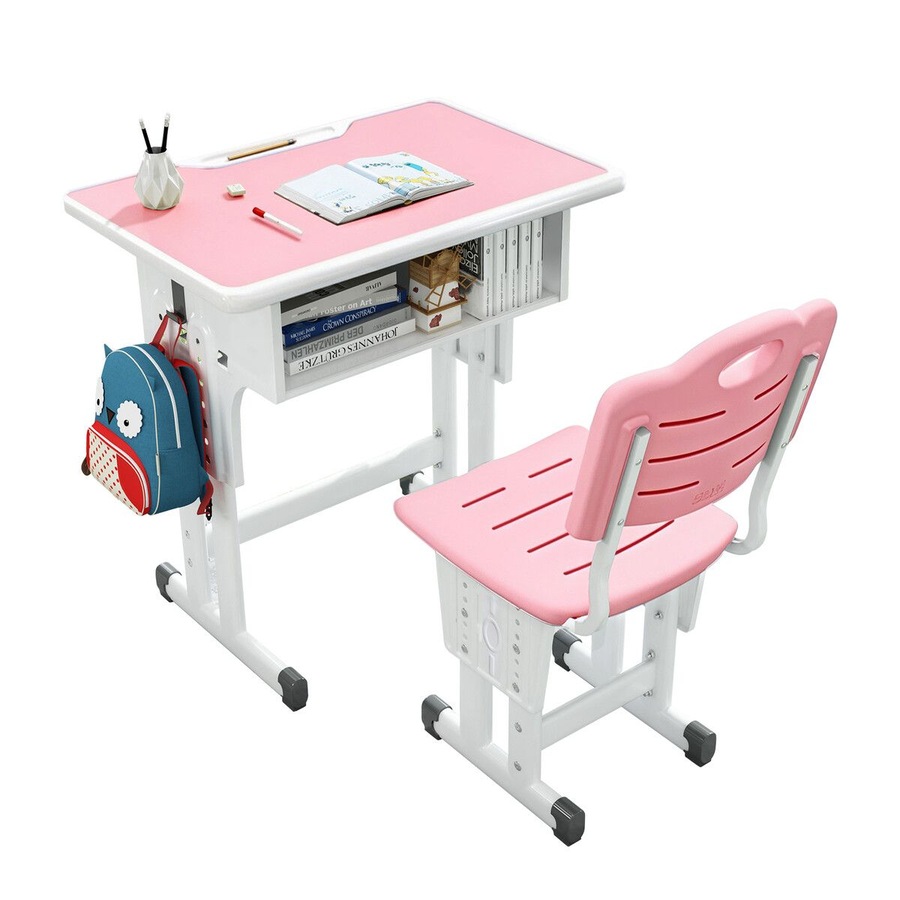 Kids Desk and Chair Set Ergonomic Height Adjustable School Students Study Table Seat Childrens Writing Stationery Bag Open Storage Drawer Side Hook