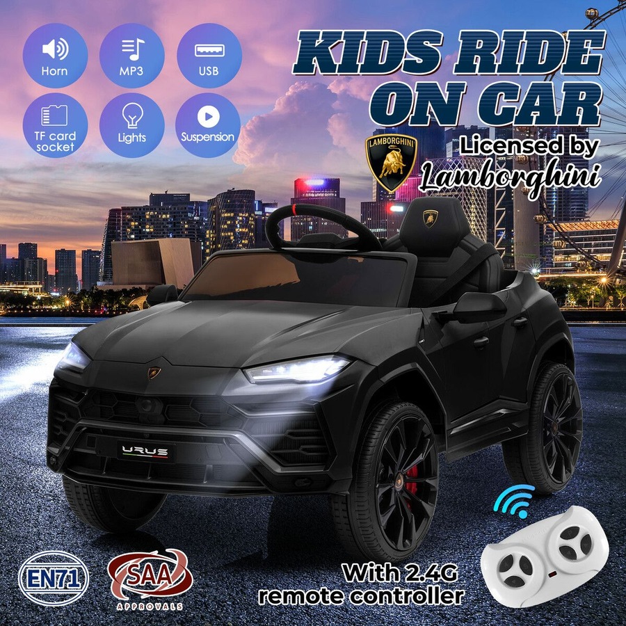 Kids Electric Car Toy RC Ride On Parental Remote Control 12V Pedal Off Road Vehicle Lamborghini Urus Licensed Black with Bluetooth MP3 Light