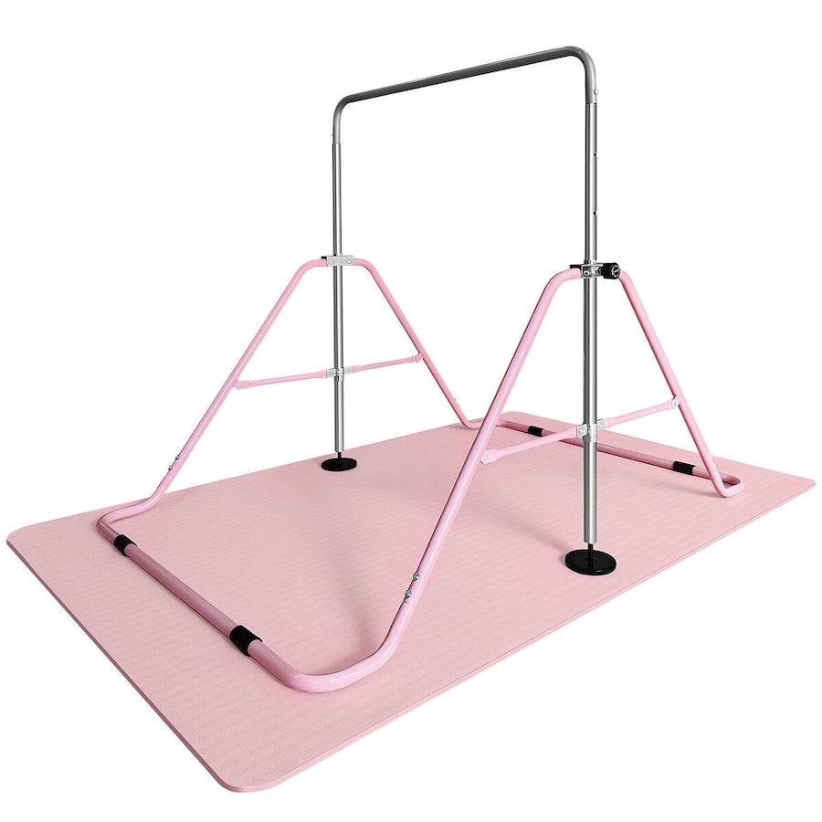 Kids Gymnastics Bars Home Gym Training Workout Equipment Horizontal Kip Sport Monkey with Pink TPE Mat Height Adjustable Folding Expandable Childrens