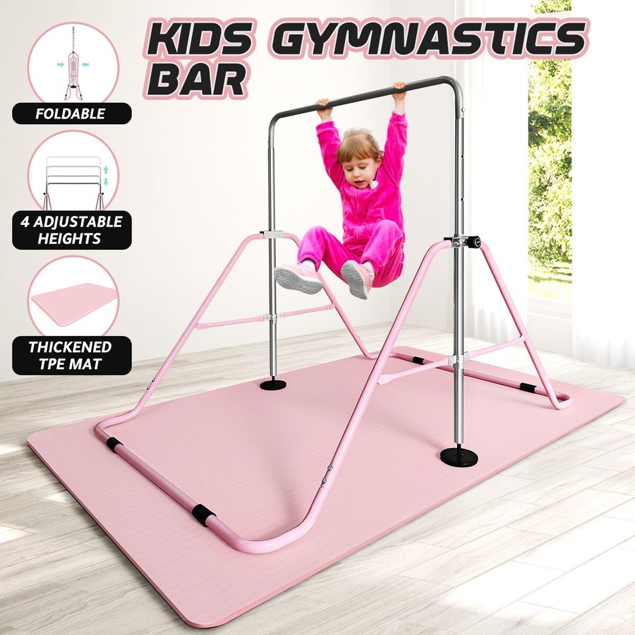 Kids Gymnastics Bars Home Gym Training Workout Equipment Horizontal Kip Sport Monkey with Pink TPE Mat Height Adjustable Folding Expandable Childrens