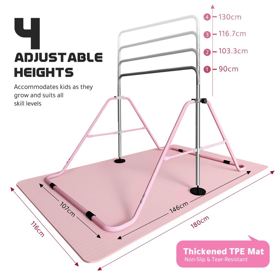 Kids Gymnastics Bars Home Gym Training Workout Equipment Horizontal Kip Sport Monkey with Pink TPE Mat Height Adjustable Folding Expandable Childrens