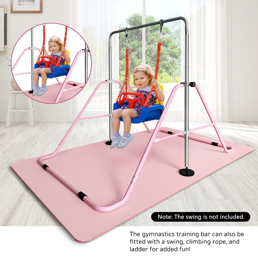 Kids Gymnastics Bars Home Gym Training Workout Equipment Horizontal Kip Sport Monkey with Pink TPE Mat Height Adjustable Folding Expandable Childrens